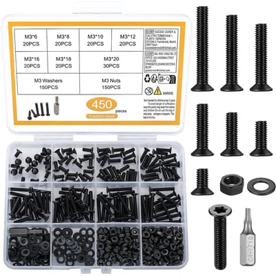 Complete Set van 450 M3 Schroeven, Torx Schroeven, Verzinkte Schroeven, Moeren en Ringen - Inclusief Diverse Schroefsoorten voor Meubelmontage en Klusprojecten