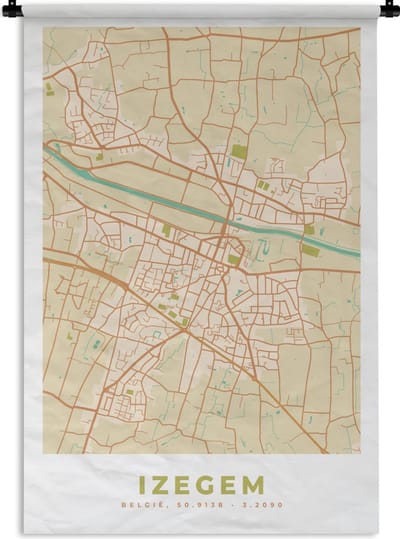 Wandkleed - Wanddoek - Plattegrond - Kaart - Stadskaart - Izegem - Vintage - 120x180 cm - Wandtapijt