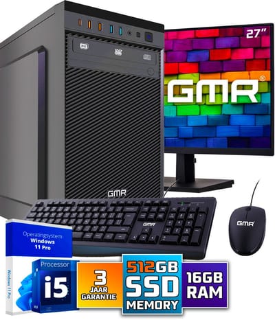 Intel Ultra Compleet Desktop PC | Intel Core i5 | 16 GB RAM | 512GB SSD M.2 | DVD+RW | Windows 11 Pro | Inclusief 27" Monitor, Muis & Toetsenbord