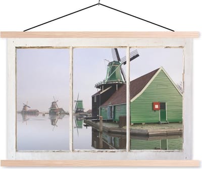 Posterhanger incl. Poster 150x100 cm - Schoolplaat - Doorkijk - Water - Molen - Textielposter - Blanke latten
