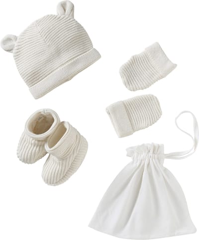 Vertbaudet Babyset muts, wanten en sloffen van biologisch katoen en zijn aanpasbare pochon