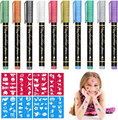SnelShoppen - Tattoo-stiften voor Kinderen - 10 Kleuren Huidvriendelijke Tatoeage Markers met 80 Sjablonen - Creatieve Verjaardag en Carnaval Decorati