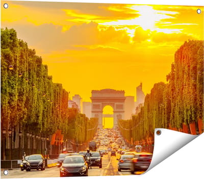 Gards Tuinposter Arc de Triomphe bij de Autoweg - 80x60 cm - Tuindoek - Tuindecoratie - Wanddecoratie buiten - Tuinschilderij