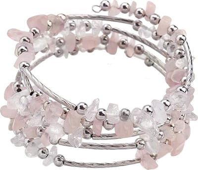 Edelstenen armband Wrap Rose Quartz Chip - roze - zilver - rozenkwarts - bergkristal - wikkelarmband - luxe sieraden zakje - armband dames - roze armband