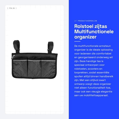 Dailygoods- Rolstoel Zijtas - Multifunctionele Organizer - Opbergtas voor Rollator - Hangende Tas - Armsteun - Zwart - Geschikt voor Ouderen