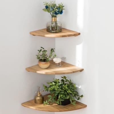 Omgoods - Rustiek eikenhouten hoekplank - Zwevende planken - Set van 3 - Natuurlijk eiken - Decoratieve wandplanken - Voor luidsprekers en boeken