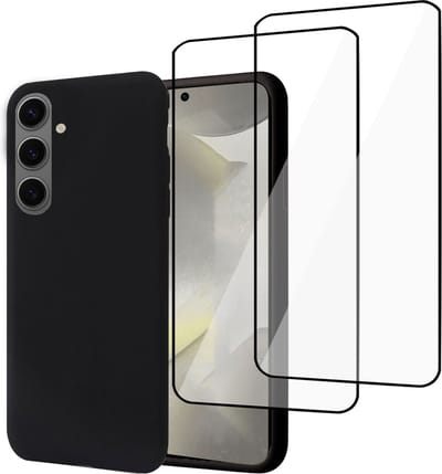 Geschikt voor Samsung Galaxy S24 - Hoesje + 2x Screenprotector – Full Cover Gehard Glas – Suède Back Cover Case Zwart