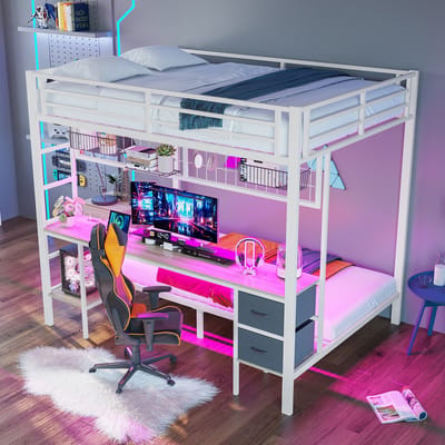 Sweiko Stapelbed - 90*200+140*200 cm - 2 Lades + opbergrek + bureau - LED-verlichting - USB-aansluiting - Wit