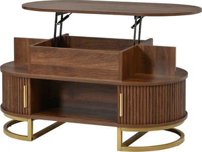 Ovale Salontafel Walnoot - In Hoogte Verstelbaar - MDF met Schuifdeuren - Woonkamer - 100x50 cm