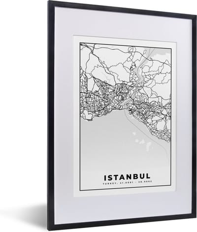 Fotolijst incl. Poster Zwart Wit- Istanbul - Plattegrond - Stadskaart - Zwart Wit - Kaart - 30x40 cm - Posterlijst