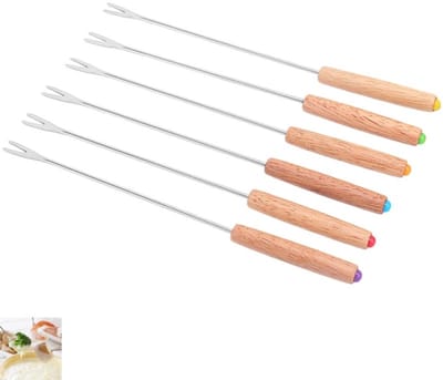 6 stuks - roestvrijstalen fonduevorken - lange fondue prikkers - met houten handvat - ideaal voor chocoladefontein, kaasfondue, geroosterde marshmallows en fruit - 24cm