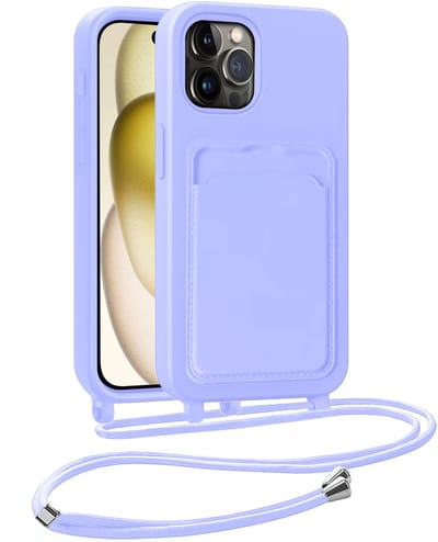 Hoesje Geschikt voor iPhone 14 Pro Telefoonhoesje Met Koord Case Pashouder Siliconen - Hoes Geschikt voor iPhone 14 Pro Hoesje Met Kaarthouder - Lila