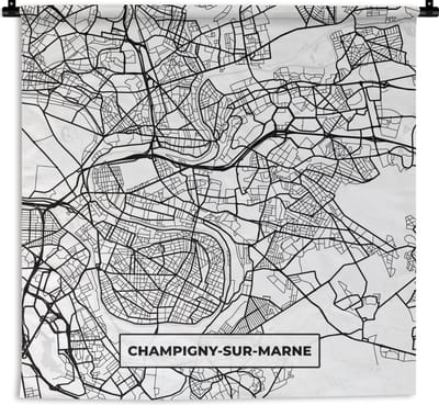 Wandkleed - Wanddoek - Stadskaart - Champigny-sur-Marne - Plattegrond - Kaart - Frankrijk - Zwart wit - 180x180 cm - Wandtapijt