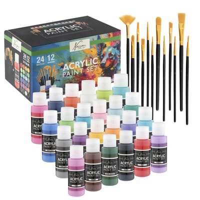 Acrylverf Set 36pcs - 24x Acrylverf Tubes 59ML & 12x Penselen – Compleet Schilderpakket voor Volwassenen en Kinderen