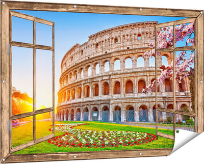 Gards Tuinposter Doorkijk Colosseum bij Zonsopgang in Rome, Italië - 150x100 cm - Tuindoek - Tuindecoratie - Wanddecoratie buiten - Tuinschilderij