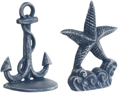 Deurstopper Zeester/Anker - blauw - gietijzer - 15 cm - maritiem