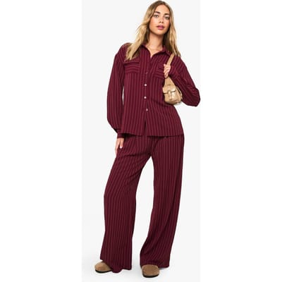 boohoo Dames Geweven gestreepte geplooide wijde pijpenbroek | Burgundy | Maat: 6