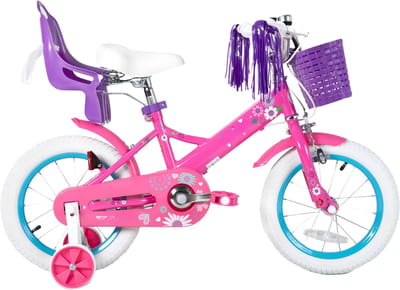 Kinderfiets – Voor jongens en meisjes – Met mand, bel, extra wielen en poppenzitje, leuk verjaardagscadeau – Paars, 30 cm