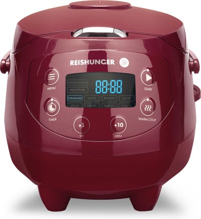 Reishunger Digitale Mini Rijstkoker in Donkerrood - Multicooker met 8 programma's, stoominzet, premium binnenpan, timer en warmhoudfunctie - Rijst voor maximaal 3 personen