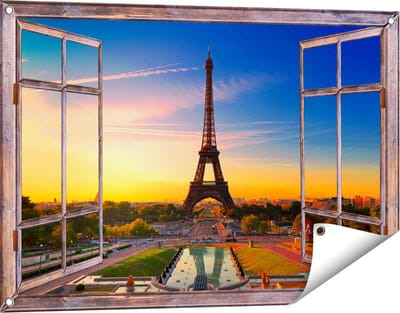 Gards Tuinposter Doorkijk Parijs Eiffeltoren tijdens de Zonsopkomst - 90x60 cm - Tuindoek - Tuindecoratie - Wanddecoratie buiten - Tuinschilderij