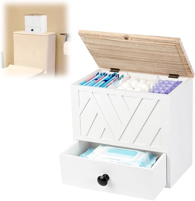 Opbergdoos voor Badkamer met 3 Compartimenten - Organizer voor Tampons, Toiletpapier en Pantyliners - Houten Badkameropslag (Wit)