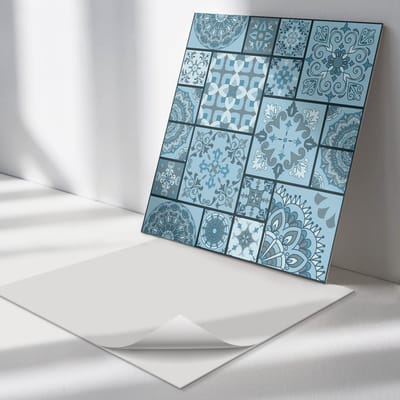 Wallfluent Vinyl Tegels - Geometrische Mozaïekpatronen Vinyl Vloer Tegels - 30 cm x 30 cm - Blauw PVC Tegels - Verpakking van 9 stuks - Vierkant PVC Tegels - Patroon Plaktegels - Zelfklevende Vinyltegels - Plaktegels Keuken en Badkamer