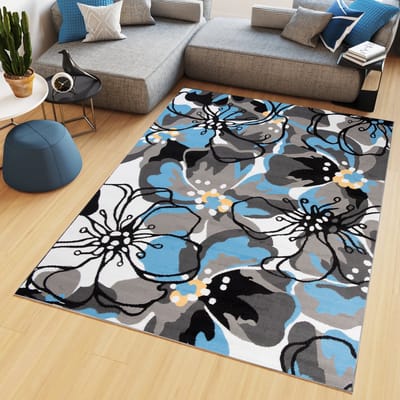 Tapiso Maya Vloerkleed Grijs Blauw Bloemen Laagpolig Tapijt Maat- 80x150