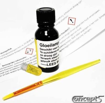 Lampenlak GEEL lampenverf voor halogeenlampen tot 25W flesje a 25 ml voor o.a. auto, modelbouw en kerstverlichting