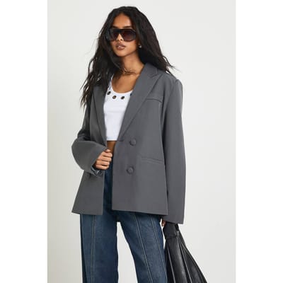 boohoo Dames Dubbelgevouwen Relaxed Fit Op Maat Gemaakte Blazer | Charcoal | Maat: 8