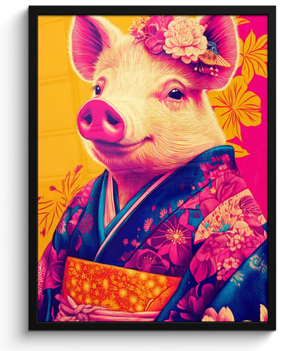 Poster in lijst - Fotolijst 50x70 cm - Posters - Varken - Bloemkroon - Kimono - Abstract - Posterlijst zwart - Decoratie - Wanddecoratie woonkamer - Muurdecoratie slaapkamer