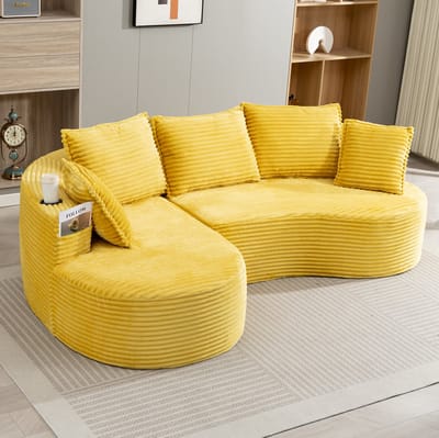 OKWISH Hoekbank 250 x 152 cm - Met Bekerhouders, Zijvakken En Kussen - Voor Woonkamer Of Slaapkamer - Cord - Mosterdgeel