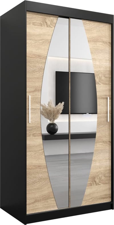 InspireMe - Kledingkast met 2 schuifdeuren, Modern-stijl, Een kledingkast met planken en een spiegel (BxHxD): 100x200x62 - GLOBE 100 Zwart Mat + Sonoma Eik