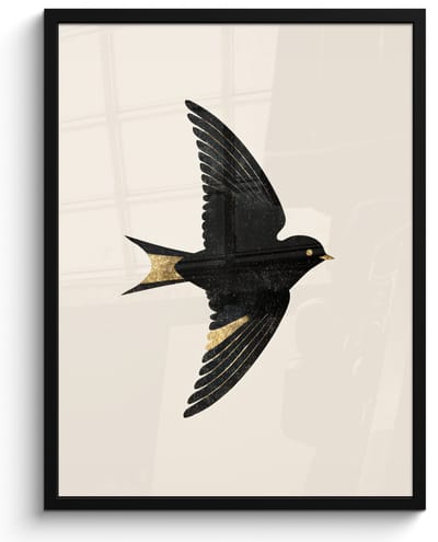 Poster in lijst - Fotolijst 60x80 cm - Posters - Zwarte zwaluw - Gouden accenten - Lichte achtergrond - Posterlijst zwart - Decoratie - Wanddecoratie woonkamer - Muurdecoratie slaapkamer