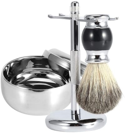 Dailygoods- Scheerkwastenset Dassenhaar - Penseelstandaard - Zeepbakje met Deksel - Elegant Handvat - Premium Kwaliteit - Voor Mannen - Scheerset