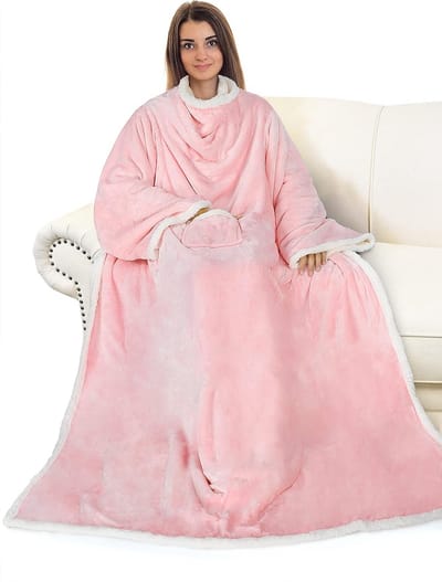 Stijlvolle platinakleurige deken met mouwen, 185 x 140 cm, fleece sherpa, warme en comfortabele deken voor volwassenen