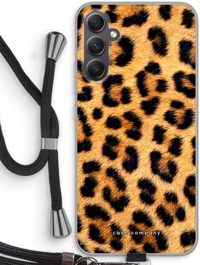 Case Company® - Hoesje met koord geschikt voor Samsung Galaxy A34 hoesje met Koord - Luipaard - Telefoonhoesje met Zwart Koord - Bescherming aan alle Kanten en Over de Schermrand
