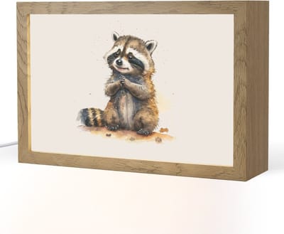Nachtlampje 30x20 cm - Kinder lampje - Wasbeer - Waterverf - Kleuren - Dieren - Kids - Tafellamp kinderkamer - Slaapkamer lamp - Bedlamp kinderen - Kinderlampje stopcontact - Wandlamp babykamer - Nachtlampjes