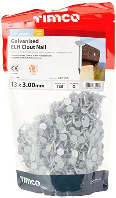 Gegalvaniseerde Clout Nagels 13 x 3.00 - 1kg Zak voor Dakleer en Gipsplaat Bevestiging