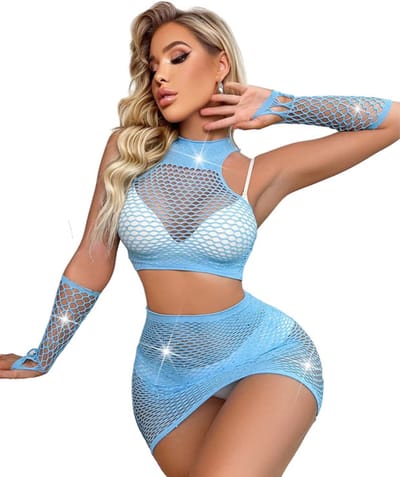 Transparante erotische lingerie set - Lichtblauw - Mini rok - Top - Mouw - Blauw