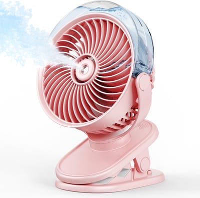 USB-C Oplaadbare Mini Misting Clip Ventilator – Draagbare Persoonlijke Koelventilator – 4 Snelheden – 360° Draaibaar – Stil – Voor Outdoor, Camping, Golfkar, Kinderwagen & Bureau – Roze