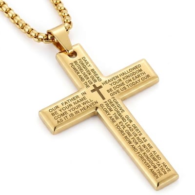 Goudkleurige schakel ketting met kruis hanger en gegraveerde tekst – religieus sieraad voor heren en dames