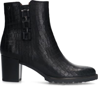 No Stress - Dames - Zwarte leren croco enkellaarsjes met hak met chain - Maat 37
