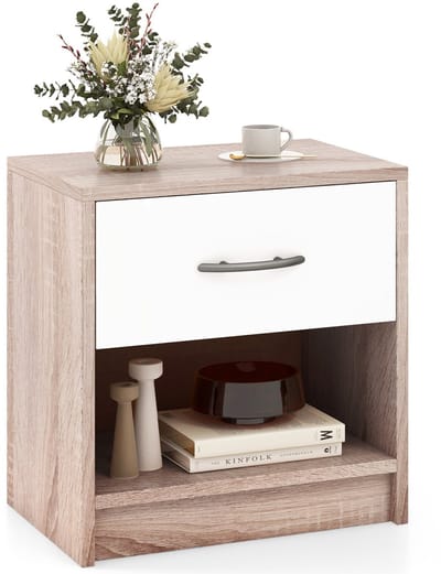 COSTWAY Nachtkastje met lade, kleine bijzettafel met open vak, banktafel, nachtkastje, nachtkastje voor slaapkamer, woonkamer, 38,5 x 28 x 40,5 cm (naturel + wit)