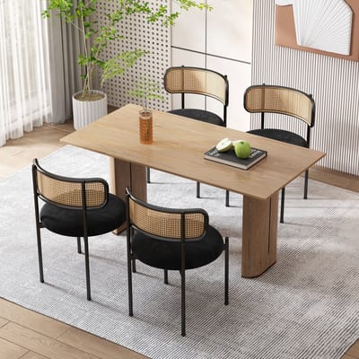 REDOM - Eetkamerstoelen Set Van 4 - Fluwelen Zitting En Rotan Rugleuning - Modern - Metalen Poten - Zwart
