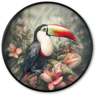 Poster in lijst Rond - Fotolijst 60x60 cm - Posters - Toekan - Vogels - Bloemen - Planten - Tropisch - Ronde posterlijst zwart - Decoratie - Wanddecoratie woonkamer - Muurdecoratie slaapkamer
