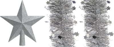 Set van een kerst ster piek en 2x stuks kerstslingers zilver 270 x 10 cm - Kerstversiering