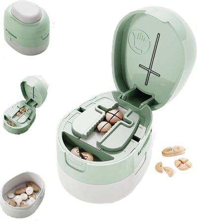 Multifunctionele pillensnijder - Pillensnijder - Draagbare pillendispenser - Pillenverdeler - Groen - Verstelbare pillensnijder - Opbergruimte onderin - Snijdt meerdere pillen tegelijk - Pillenopbergdoos