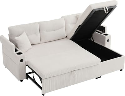 REDOM - 3-Zits Hoekbank - Met Opbergruimte En Slaapfunctie - Modern - Voor Woonkamer - Ribstof - Beige - 212,5 X 136 X 86 Cm