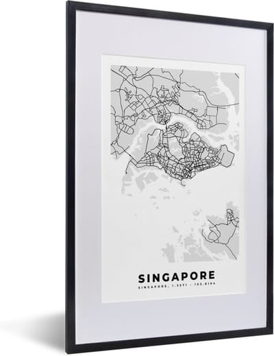 Fotolijst incl. Poster Zwart Wit- Singapore - Plattegrond - Stadskaart - Zwart Wit - Kaart - 40x60 cm - Posterlijst