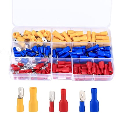 Set van 150 Compressieconnectoren, Kabelconnectoren, Geïsoleerde Crimp Terminals en Kabelclips in Rood, Geel en Blauw